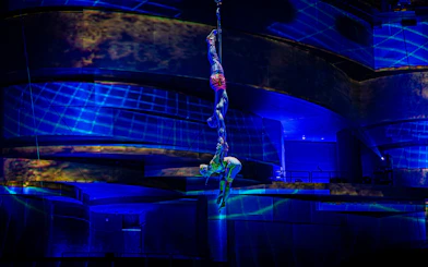 Acrobats performing aerial stunts at La Perle show in Dubai.