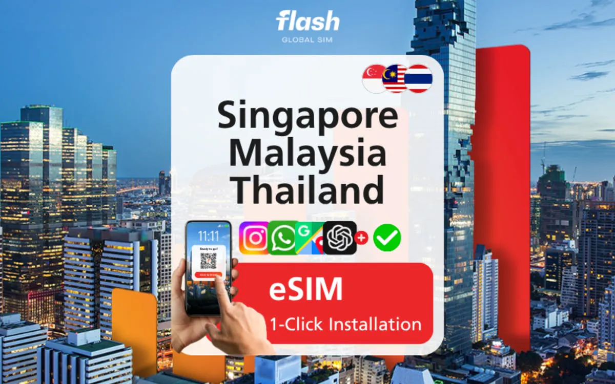 eSIM installation for Singapore, Malaysia, Thailand with city skyline background.