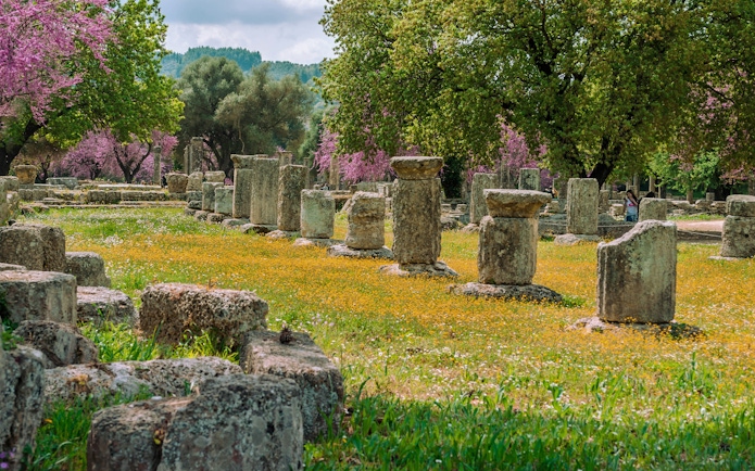 Ancient stone columns at the archaeological site of Olympia, Greece, surrounded by spring flowers.