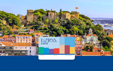 Lisbon skyline with São Jorge Castle and Lisboa Card in foreground.