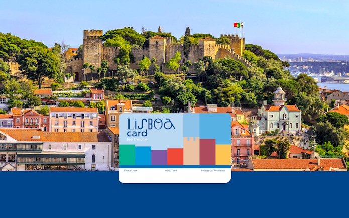 Lisbon skyline with São Jorge Castle and Lisboa Card in foreground.