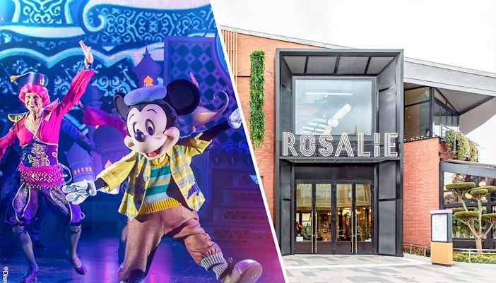 Mickey Mouse performing on stage at Disneyland Paris.