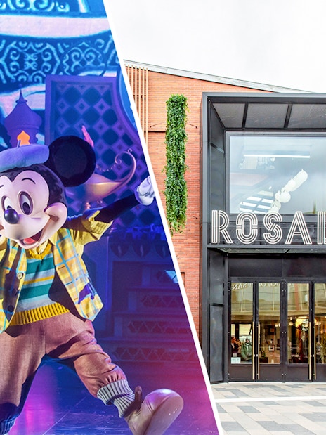 Mickey Mouse performing on stage at Disneyland Paris.