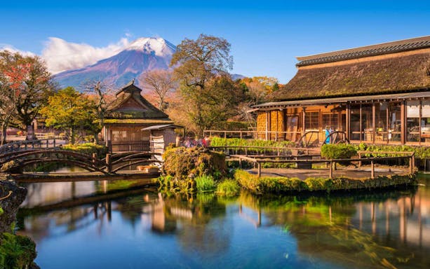Traditional Japanese village with Mount Fuji in the background, seen on a day tour from Tokyo.