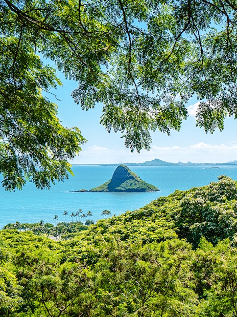 Chinaman's Hat island view from Kualoa Ranch, Hawaii, framed by lush greenery.