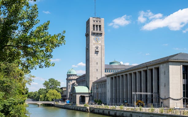 German Museum of Technology by the river, Berlin sightseeing cruise view.