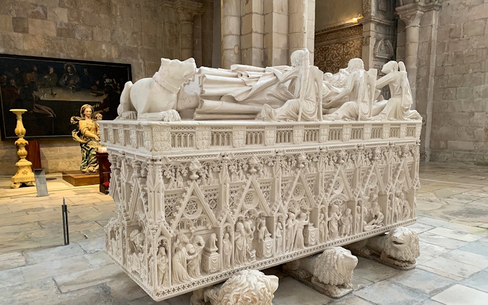 Sarcophagus with detailed carvings inside Alcobaça Monastery, Portugal.