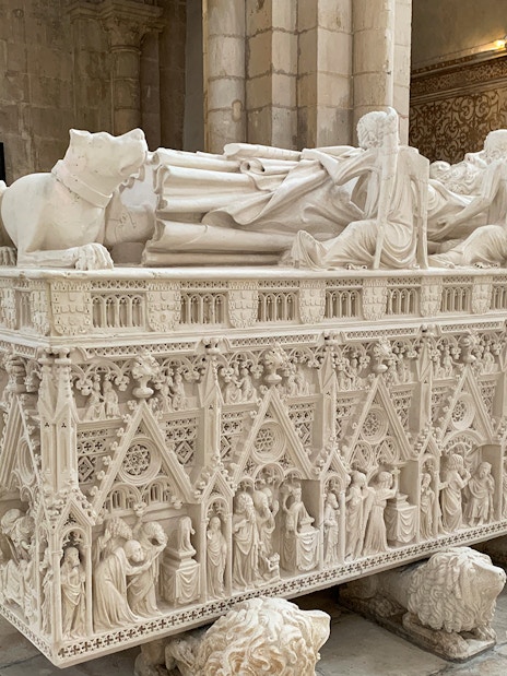 Sarcophagus with detailed carvings inside Alcobaça Monastery, Portugal.