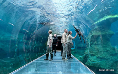 Guests walking through an underwater tunnel at Zoo Leipzig, observing marine life.