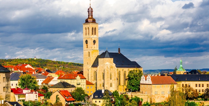 Kutná Hora skyline with church tower near Sedlec Ossuary, Czech Republic.