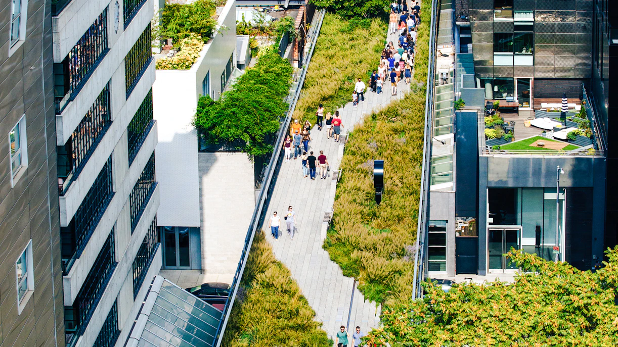 Aerial view of The High Line park with people walking in Chelsea, New York City.