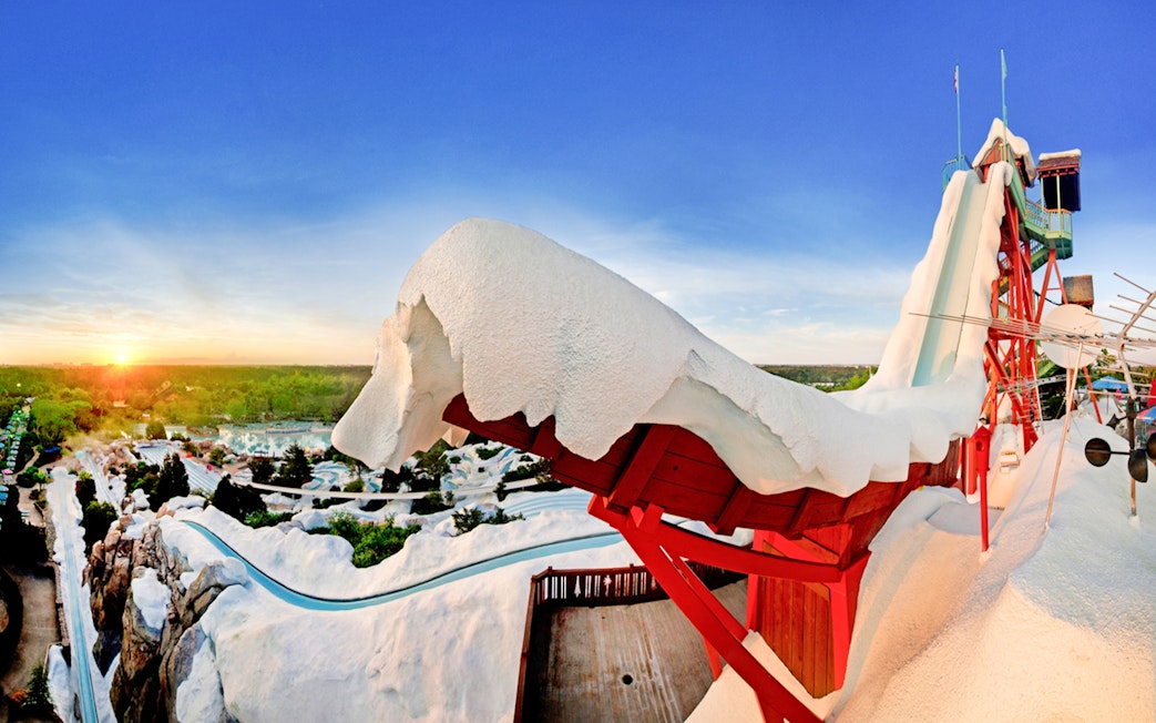 Ski resort-themed water slide at Blizzard Beach, Walt Disney World Resort, Orlando.