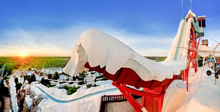 Ski resort-themed water slide at Blizzard Beach, Walt Disney World Resort, Orlando.