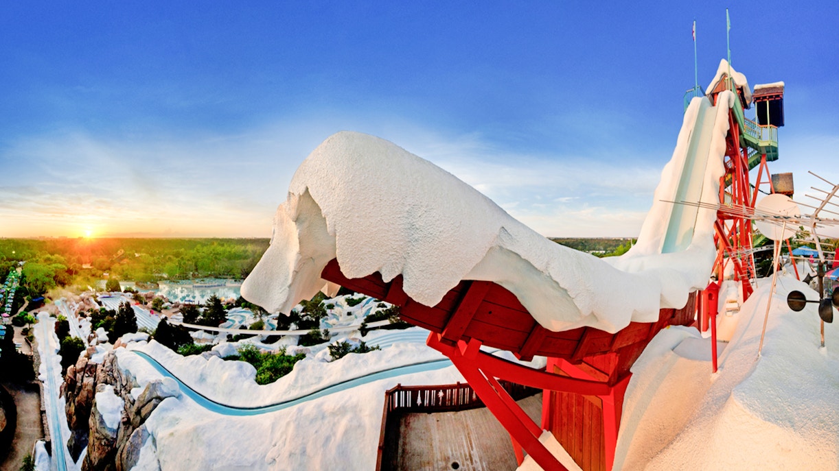Ski resort-themed water slide at Blizzard Beach, Walt Disney World Resort, Orlando.