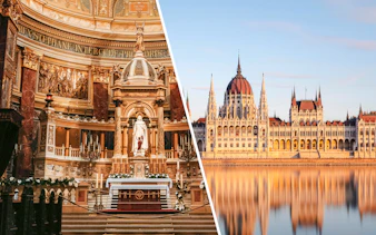 St. Stephen’s Basilica interior and Hungarian Parliament building in Budapest.