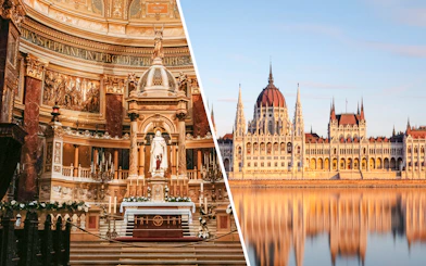 St. Stephen’s Basilica interior and Hungarian Parliament building in Budapest.