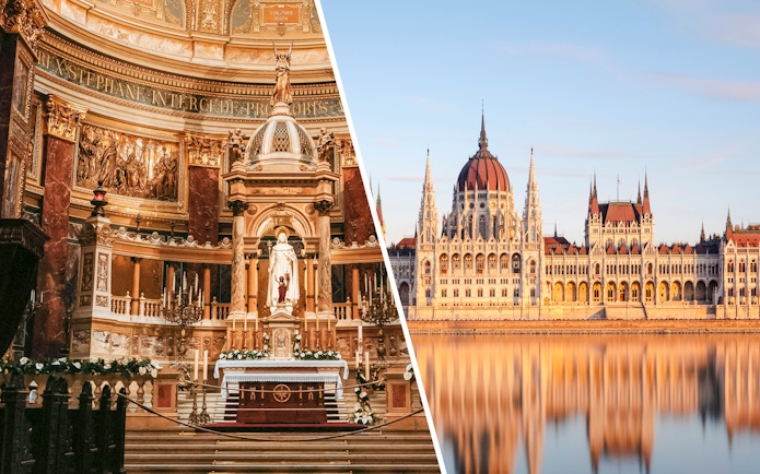 St. Stephen’s Basilica interior and Hungarian Parliament building in Budapest.
