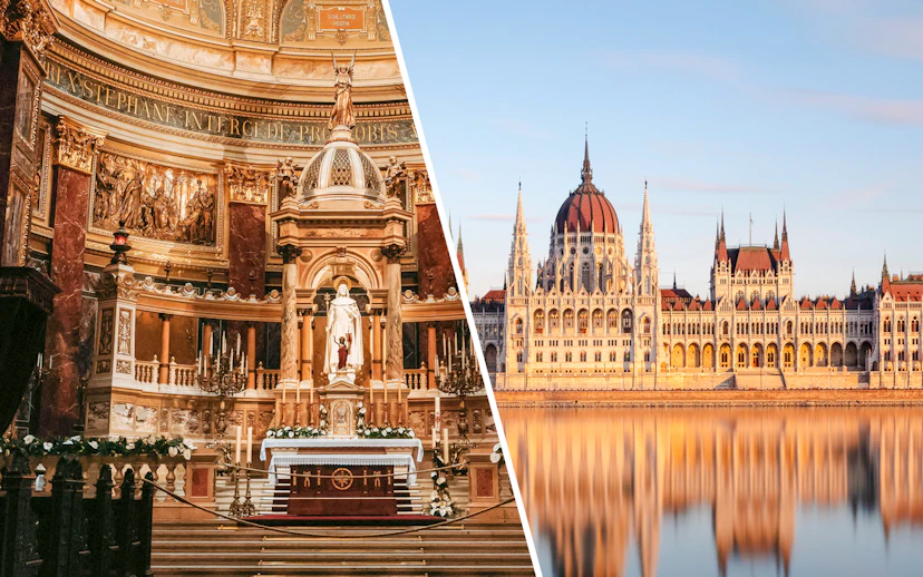 St. Stephen’s Basilica interior and Hungarian Parliament building in Budapest.