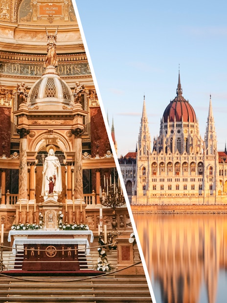 St. Stephen’s Basilica interior and Hungarian Parliament building in Budapest.