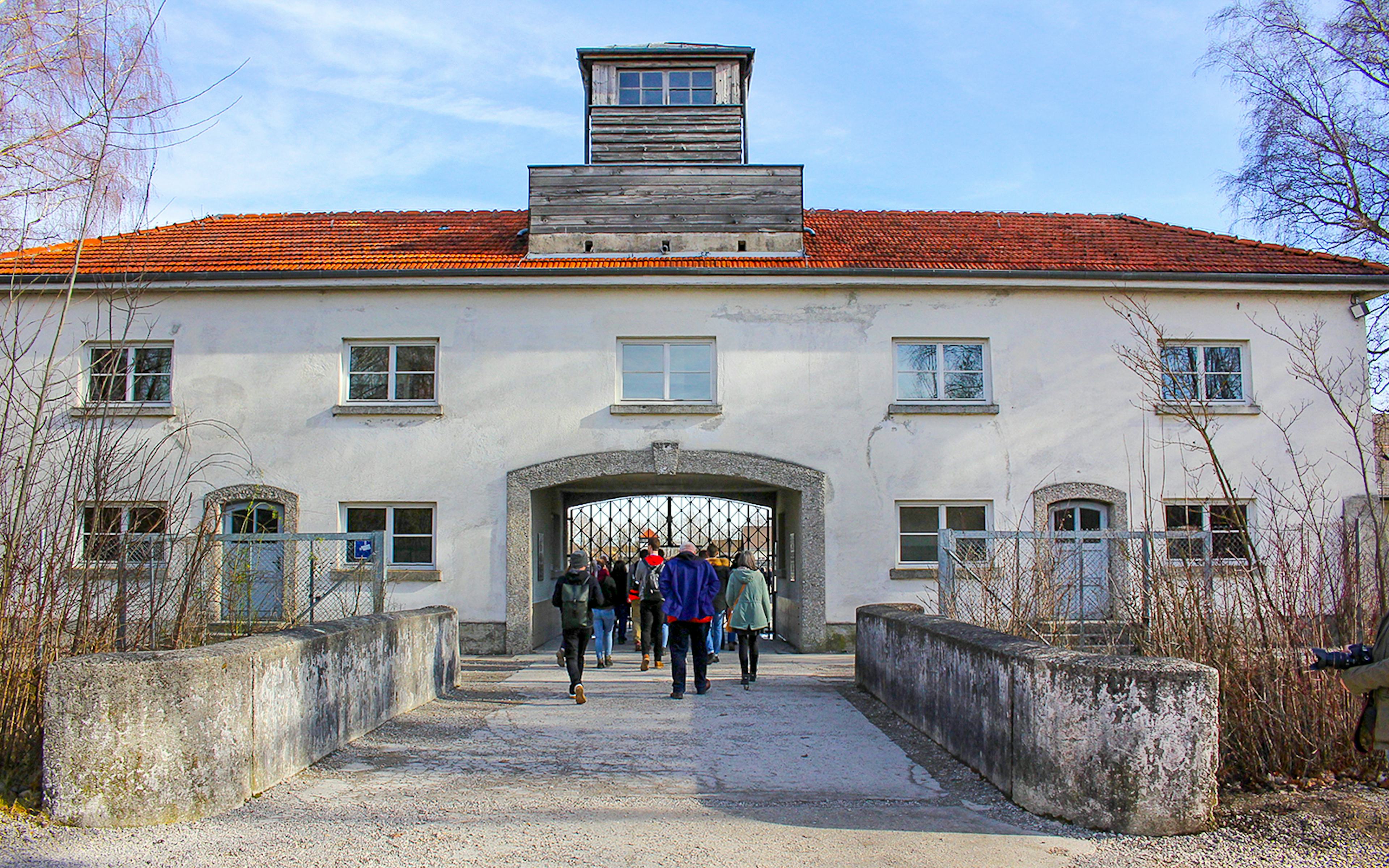 Dachau Concentration Camp entrance gate with "Arbeit macht frei" inscription, Germany.