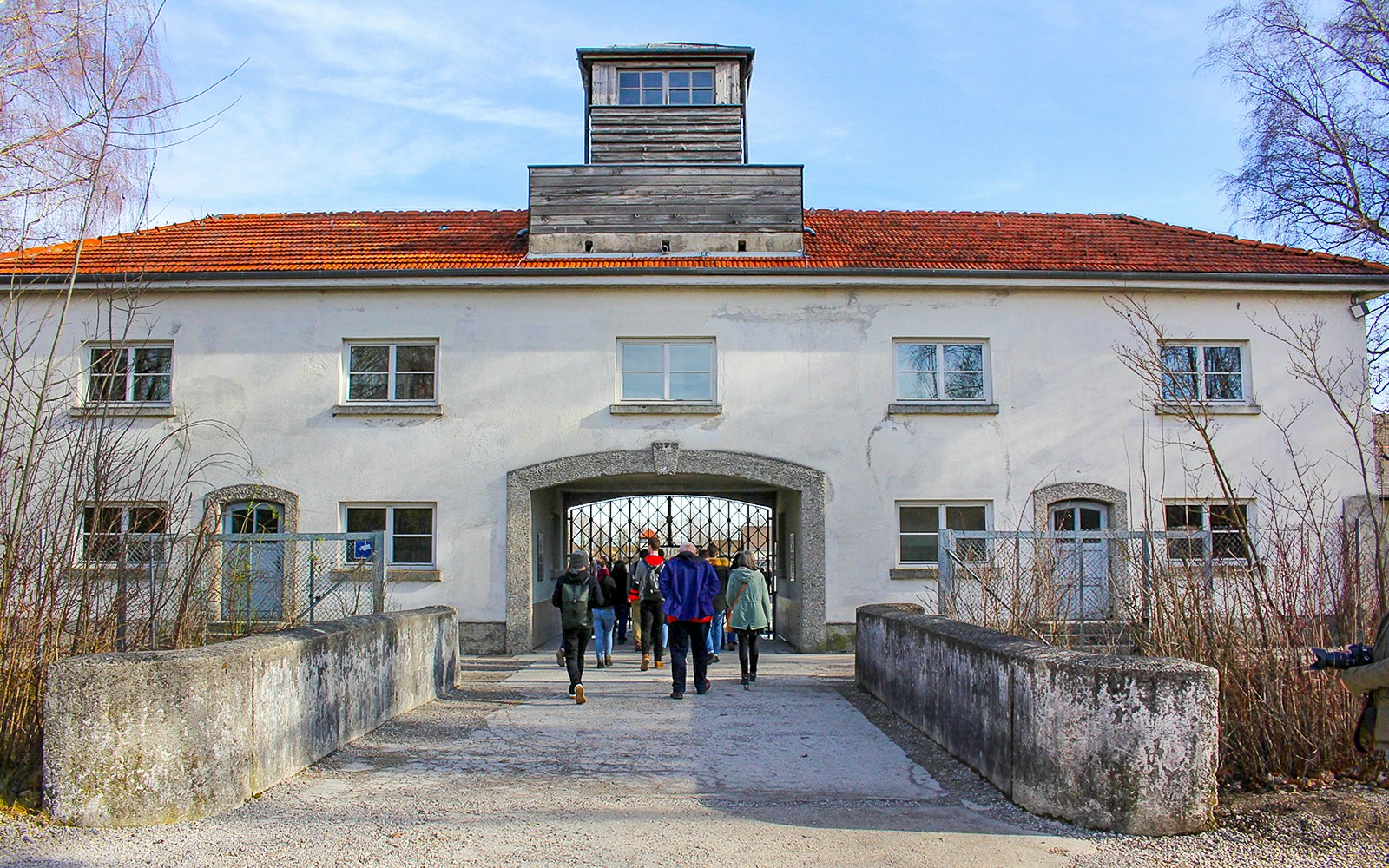 Dachau Concentration Camp entrance gate with "Arbeit macht frei" inscription, Germany.