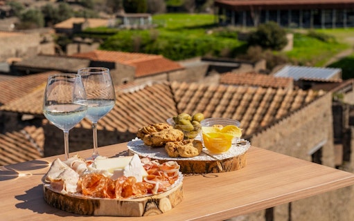 Tasting experience with wine and snacks overlooking ancient Roman city of Pompeii.