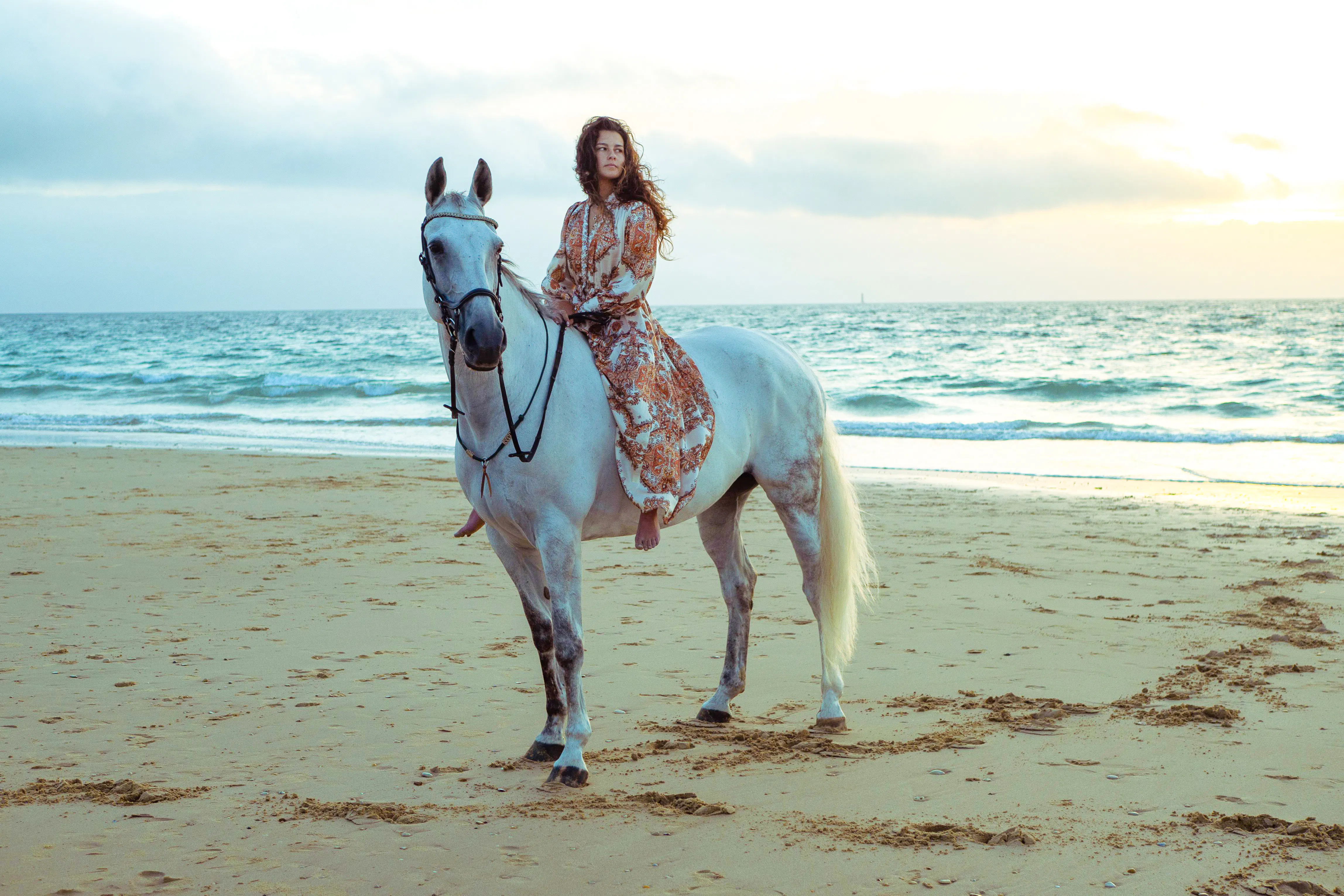 Horseback rider on Dubai beach at sunset.