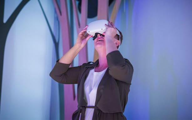 Person experiencing virtual reality at Fondation Louis Vuitton exhibit.