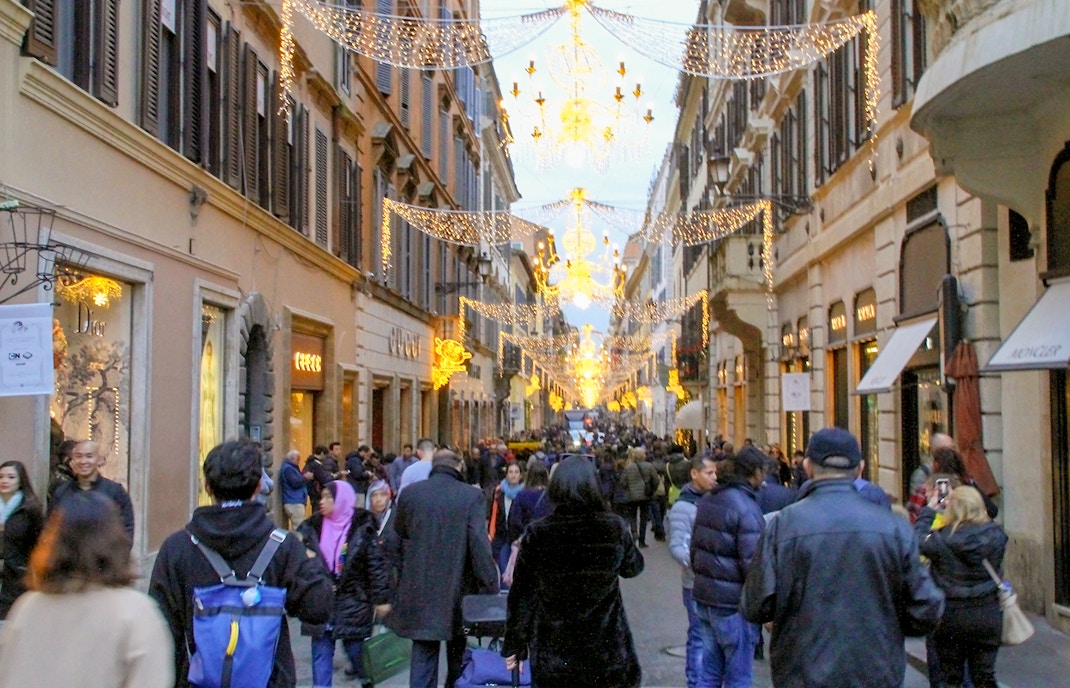 shopping street with decorations in rome