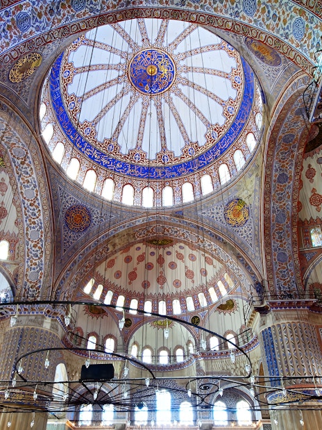 Interior view of the Blue Mosque domes in Istanbul, showcasing intricate designs and arches.
