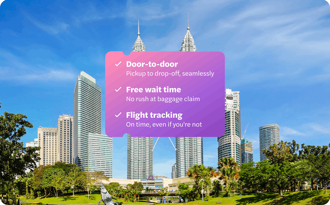 Petronas Twin Towers in Kuala Lumpur with city skyline and park in foreground.