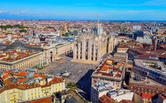 Aerial view of Milan Cathedral and Piazza del Duomo, central Milan, Italy.
