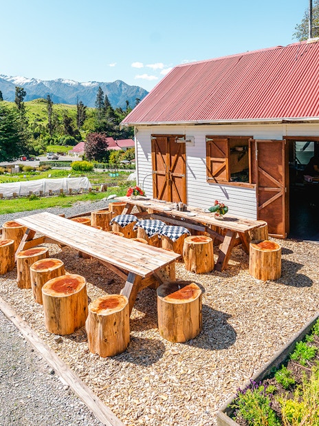 Outdoor dining area at Walter Peak Gourmet BBQ Experience with wooden tables and mountain view.