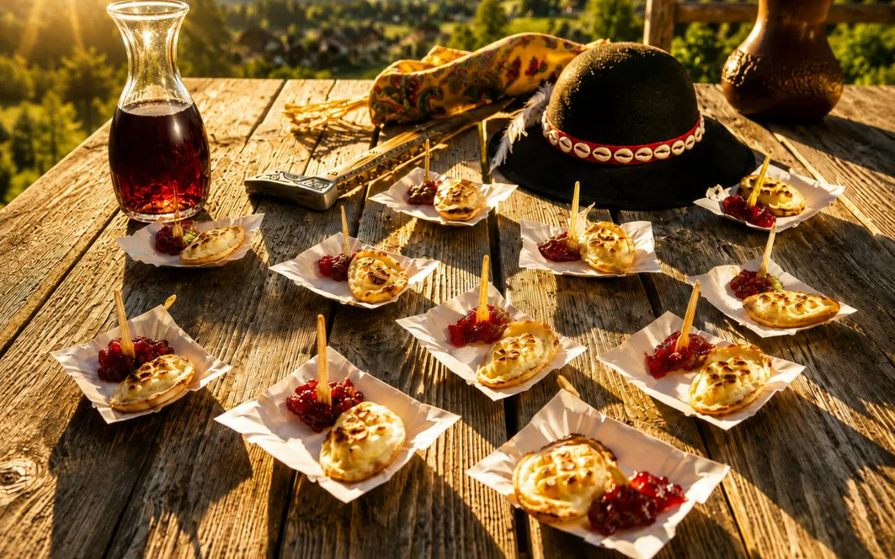 Cheese and spirits tasting setup on a wooden table in Zakopane, featuring traditional Polish snacks.
