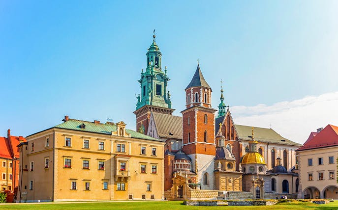 Wawel Cathedral with its towers and domes in Krakow, Poland.
