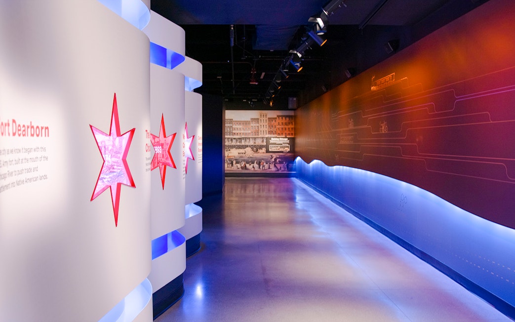 Interactive exhibit at Skydeck Chicago in Willis Tower hallway.