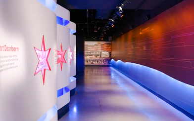 Interactive exhibit at Skydeck Chicago in Willis Tower hallway.