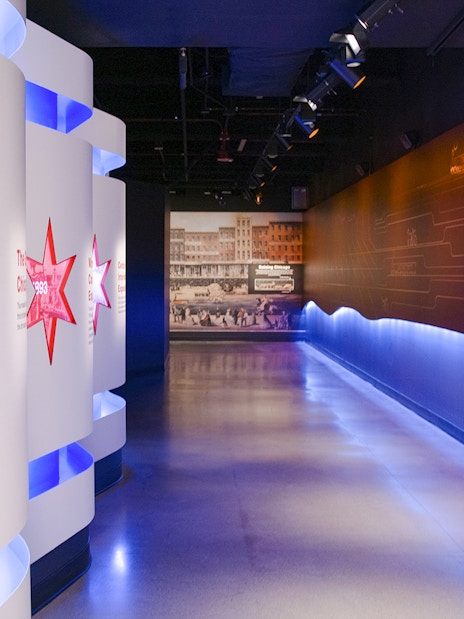 Interactive exhibit at Skydeck Chicago in Willis Tower hallway.