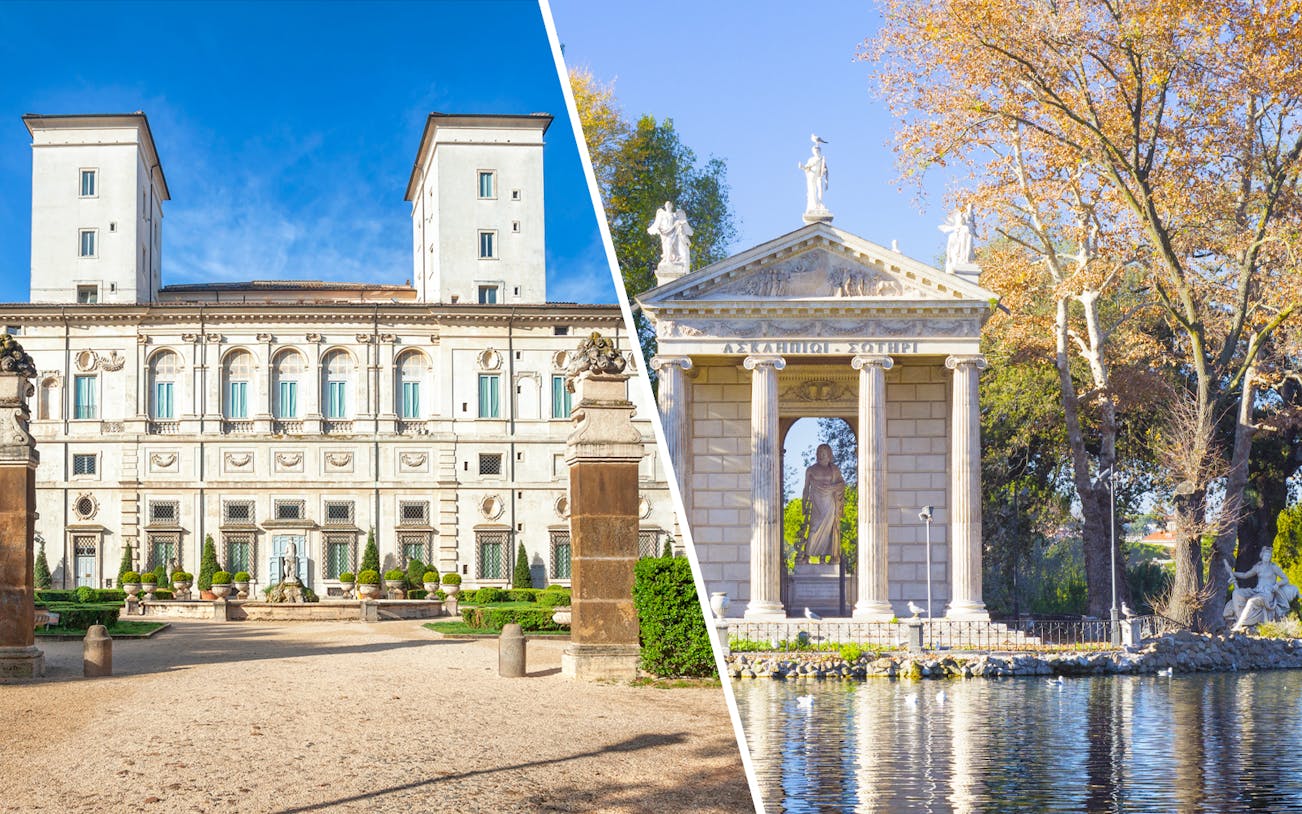 Villa Borghese and Temple of Asclepius in Rome, Italy, showcasing historic architecture and serene gardens.