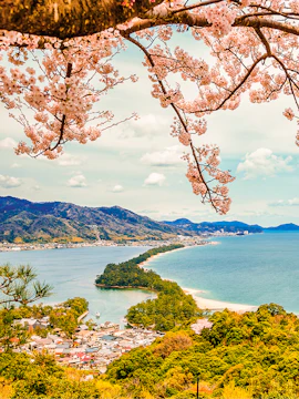 Cherry blossoms framing Amanohashidate sandbar and Miyama Kayabuki No Sato village, Japan.