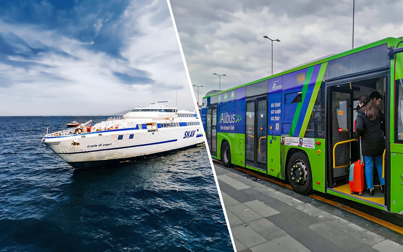 SNAV ferry on the sea and passengers boarding Alibus at a station.