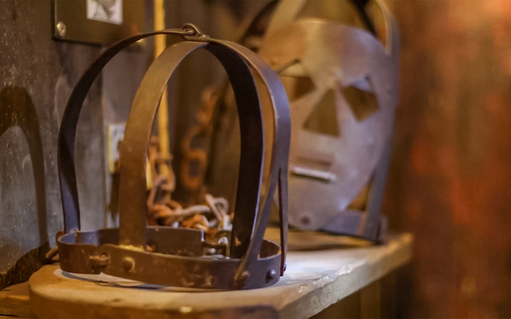Medieval torture devices on display at The Clink Prison Museum, London.