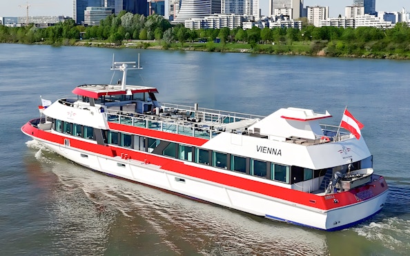 MS Vienna passenger ship cruising on the Danube River in Vienna, Austria.