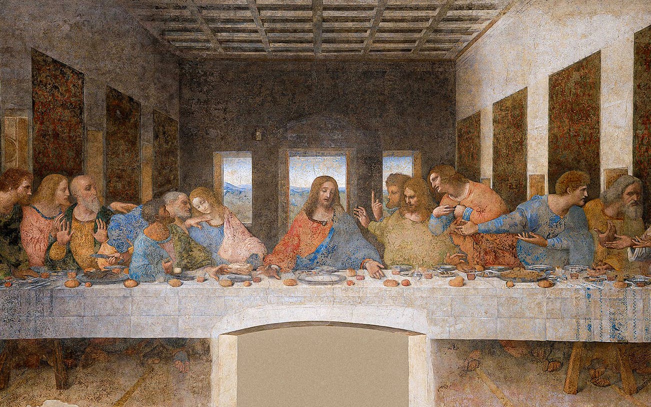 Closeup of Da Vinci's Last Supper, depicting Jesus and apostles at a long table in Milan, Italy.