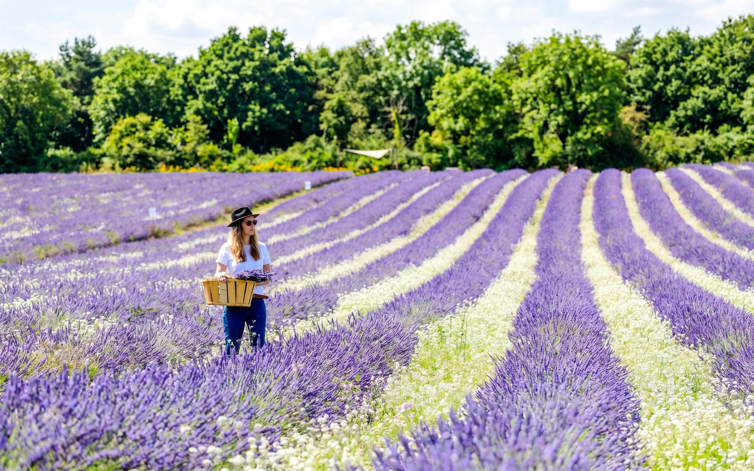 Person walking through lavender fields at Terre Ugo, Provence, carrying a basket.