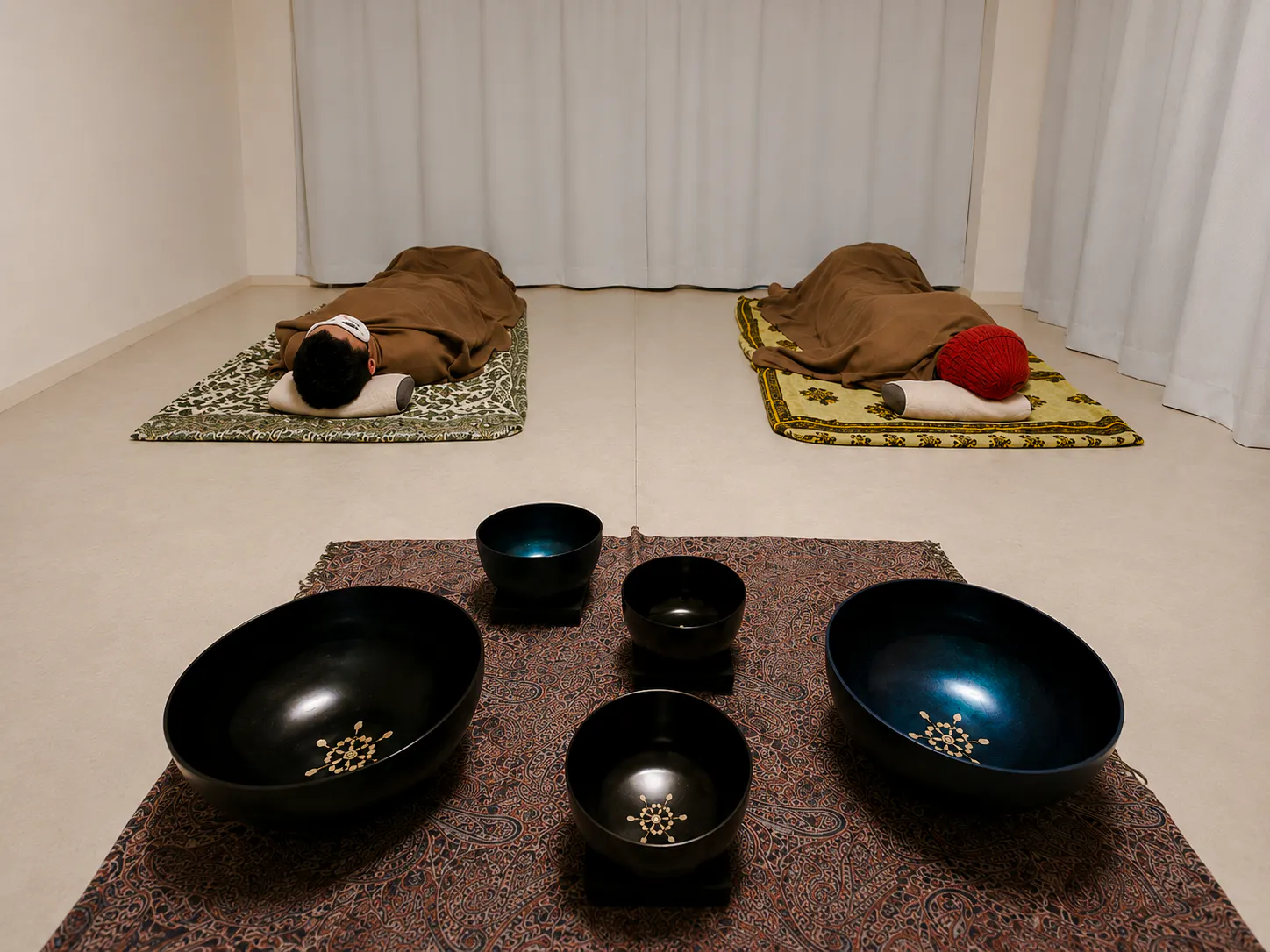 Lying-down meditation with sound bowls in a Kyoto relaxation session.
