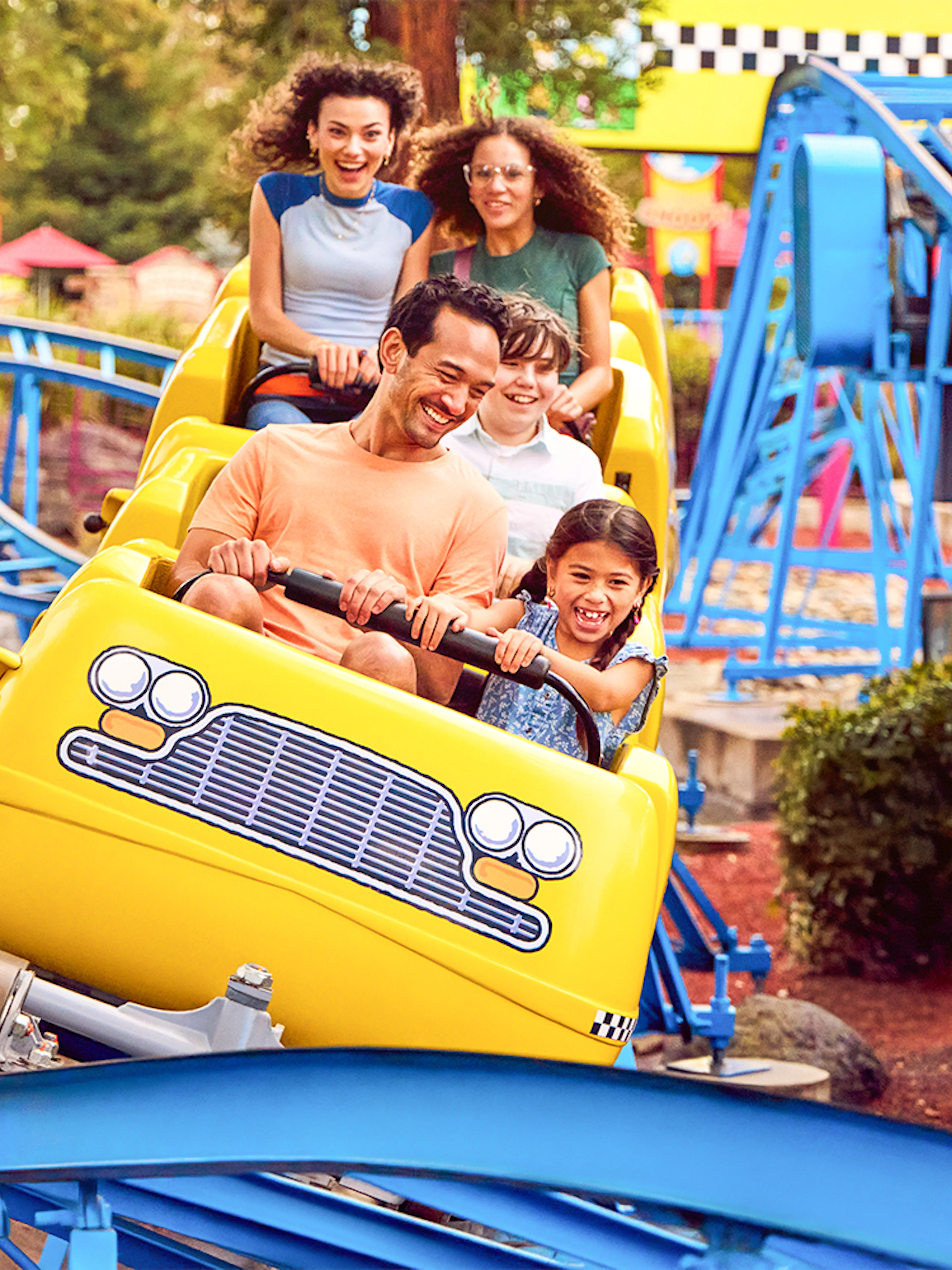 Families enjoying Lucy's Crabbie Cabbies ride at California's Great America.