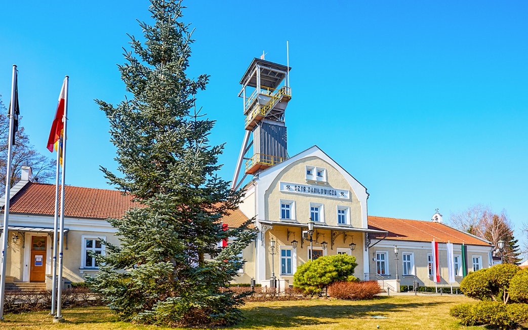 Entrance of the Wieliczka Salt Mine historic building with tower, Poland.
