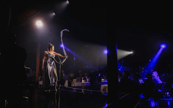Performer on stage at Burlesque Dinner Club, Vienna, with audience watching.
