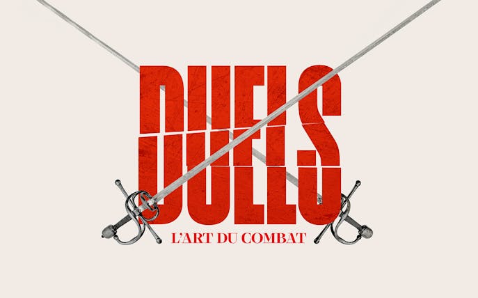 Crossed swords over 'Duels: L'Art du Combat' text for Invalides exhibition